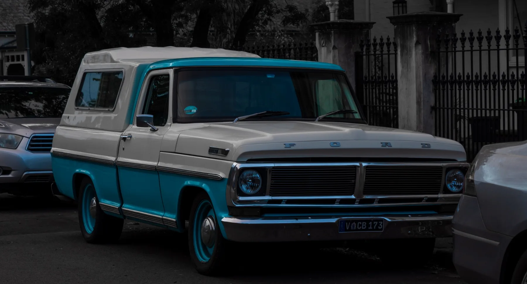 Blue and white Ford